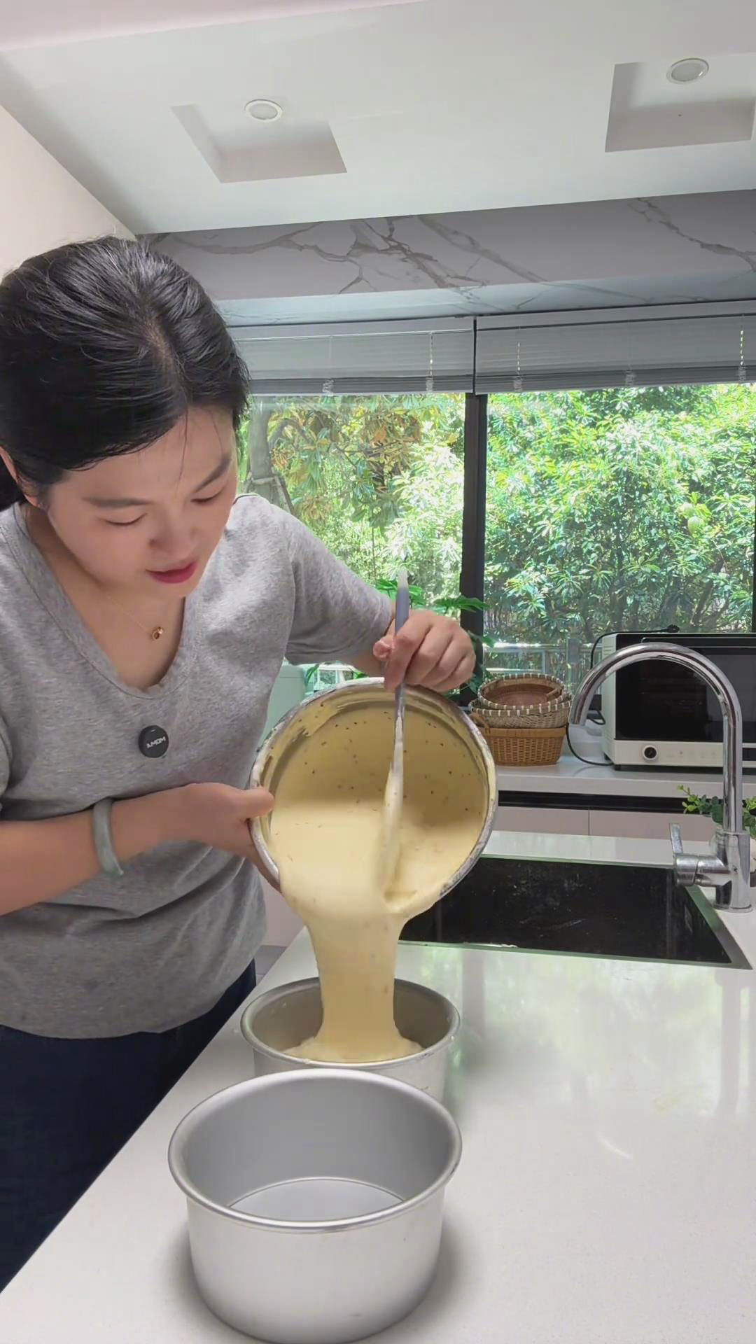 Pour the batter into two 6-inch cake molds