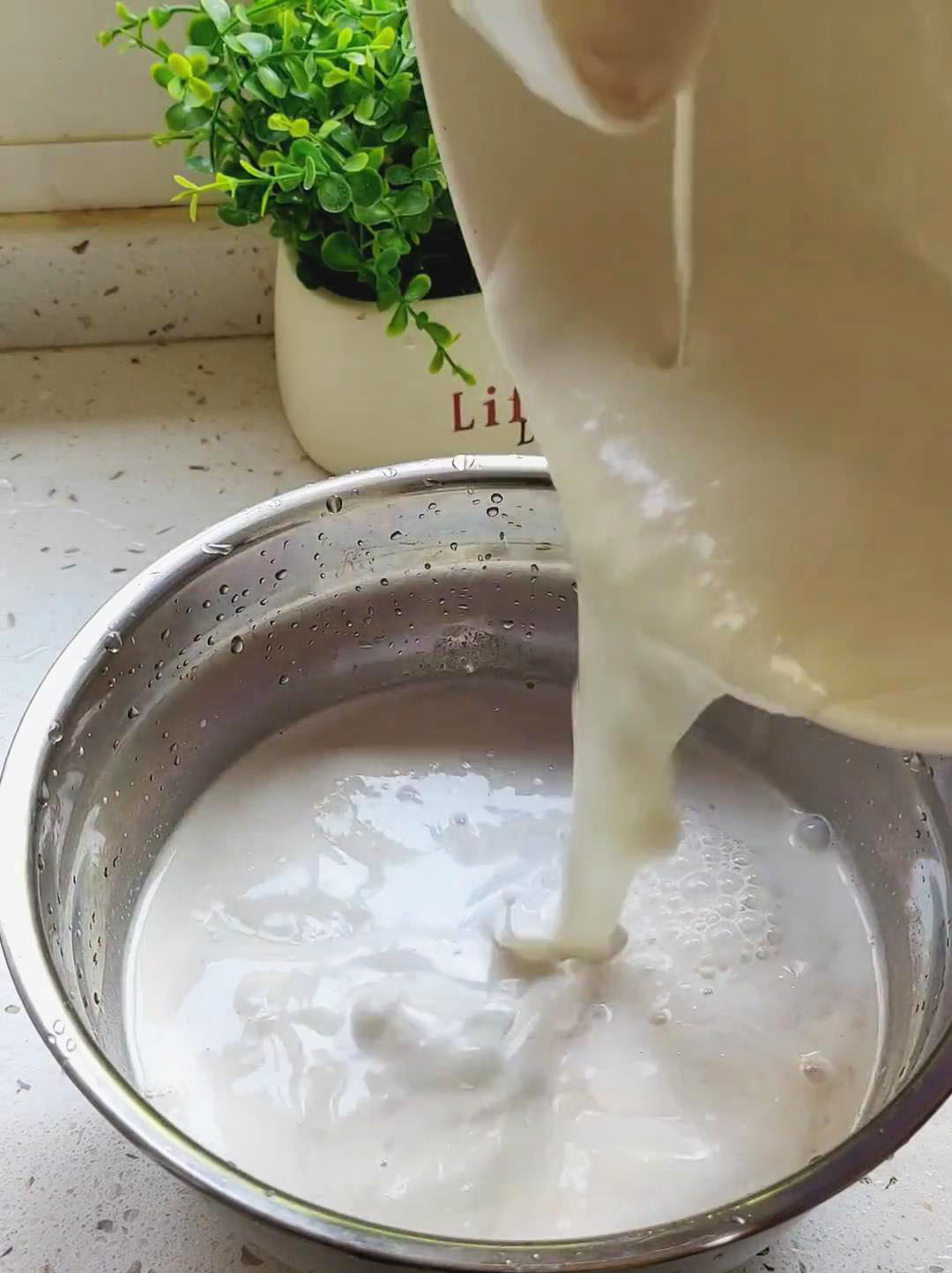 pour the coconut milk mixture back into the remaining water chestnut and milk mixture pour the coconut milk mixture back into the remaining water chestnut and milk mixture