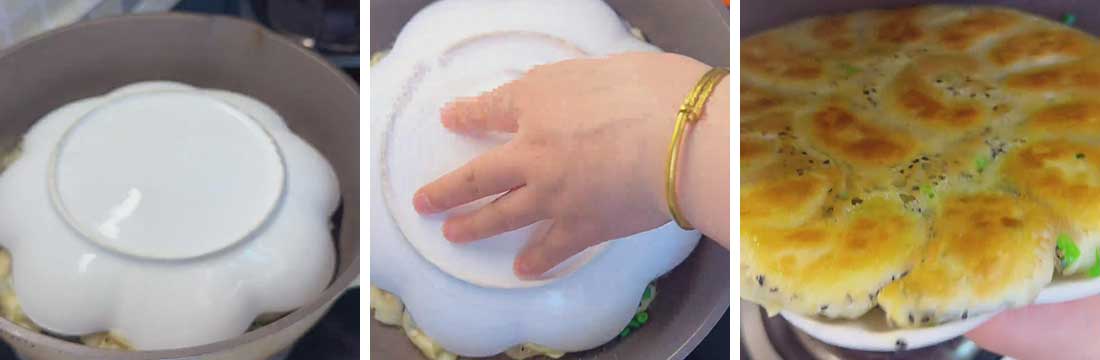 Quickly flip the pan onto the plate, and then slowly lift the pan