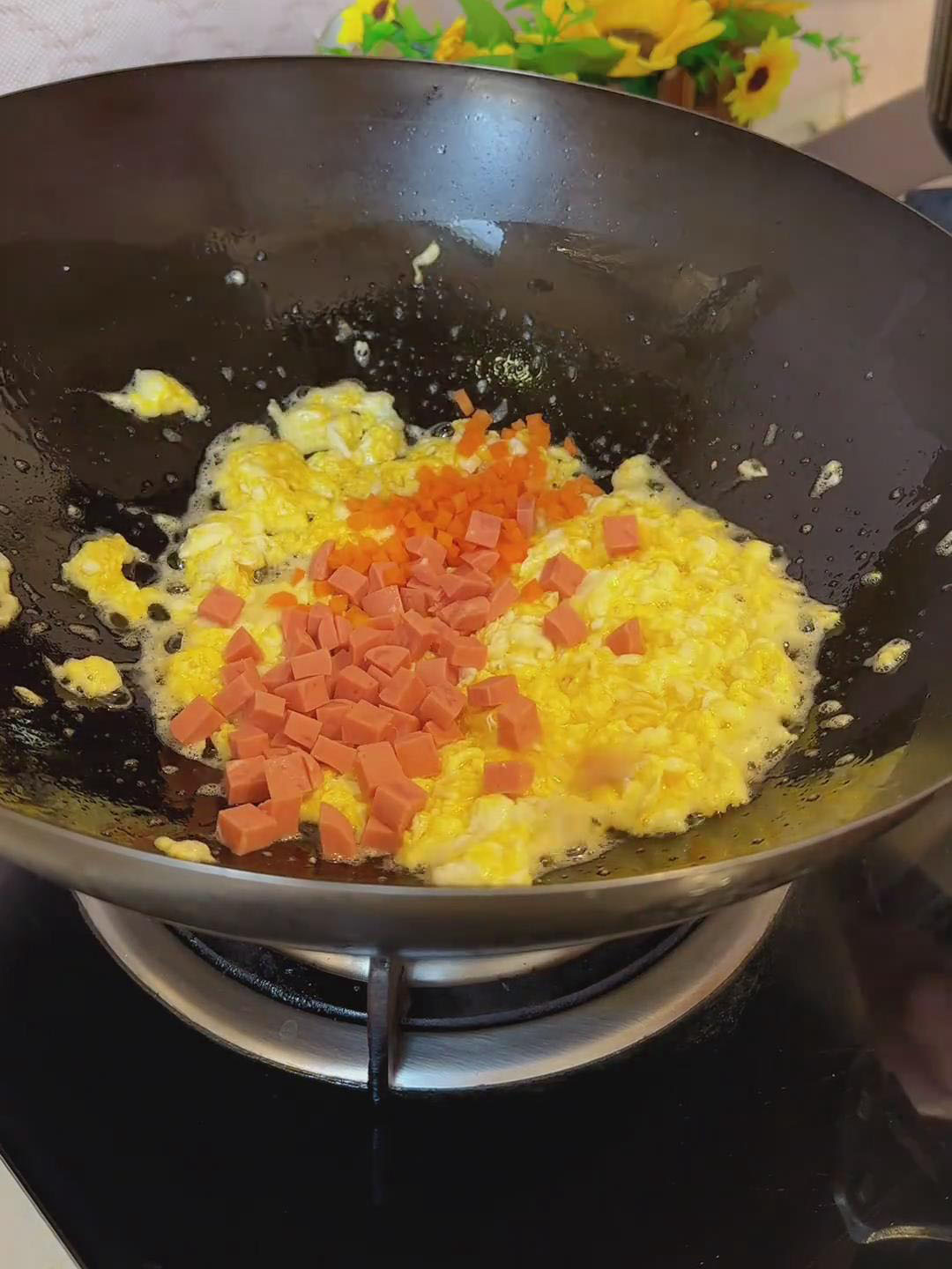 Add the diced carrot and ham