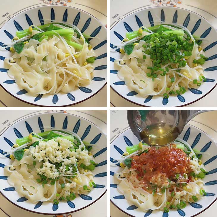 Add the seasonings and pour hot oil