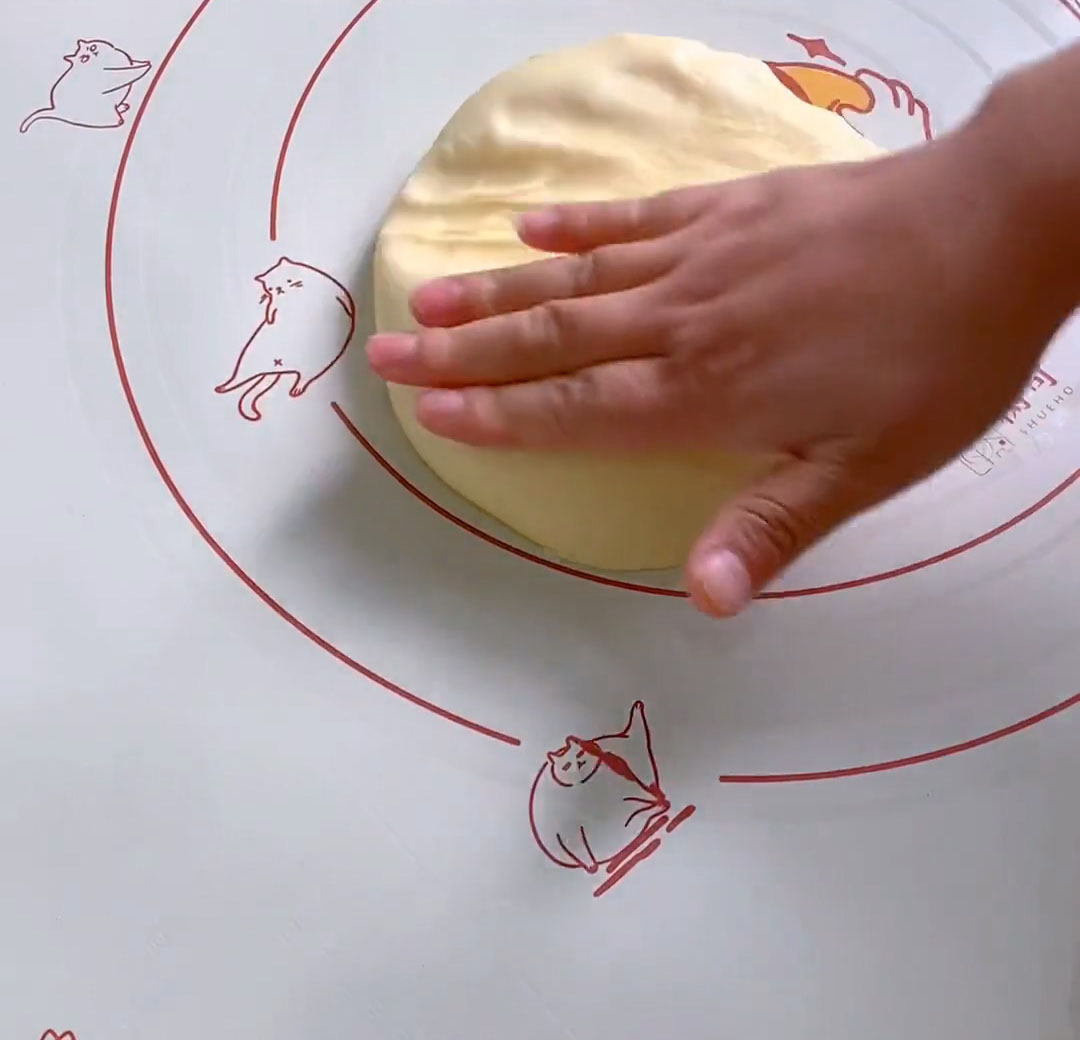 Gently deflate the risen dough by pressing down on it on a work surface