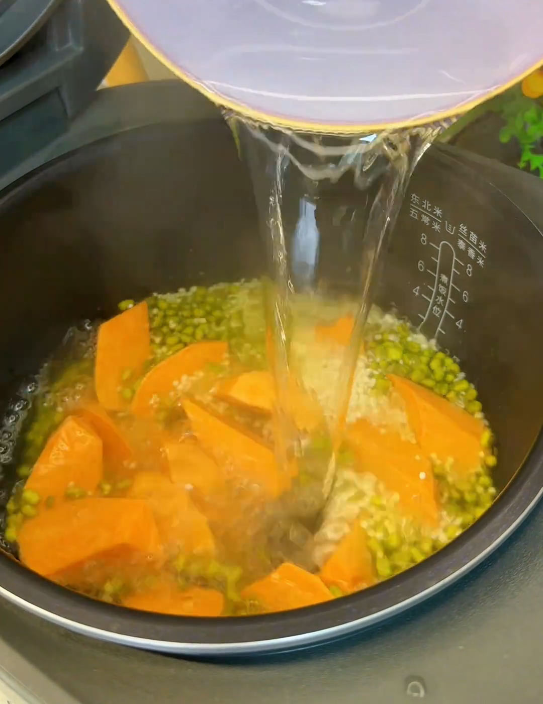 Pour in the freshly boiled water Pour in the freshly boiled water