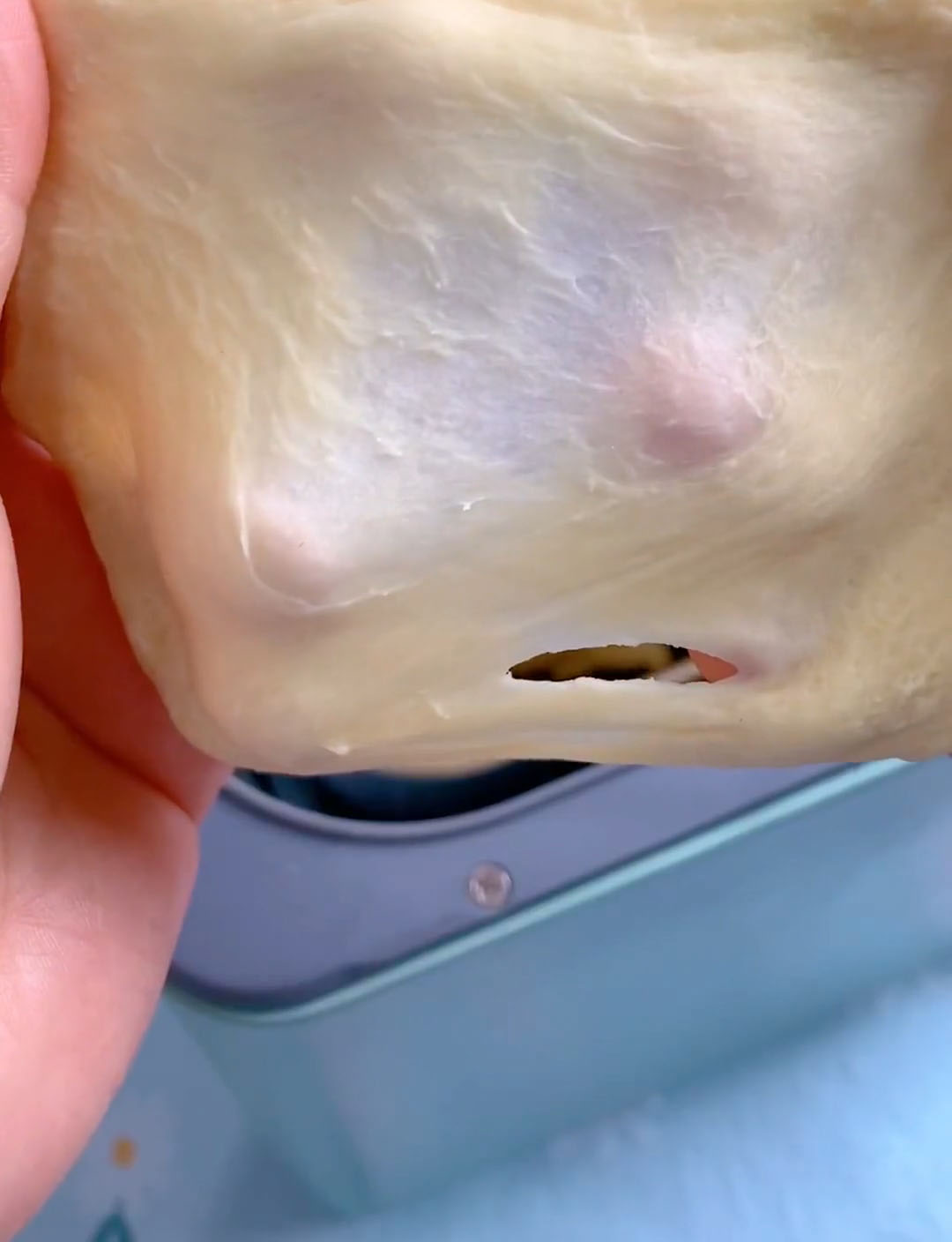 the dough becomes mostly smooth and can stretch into a thicker membrane