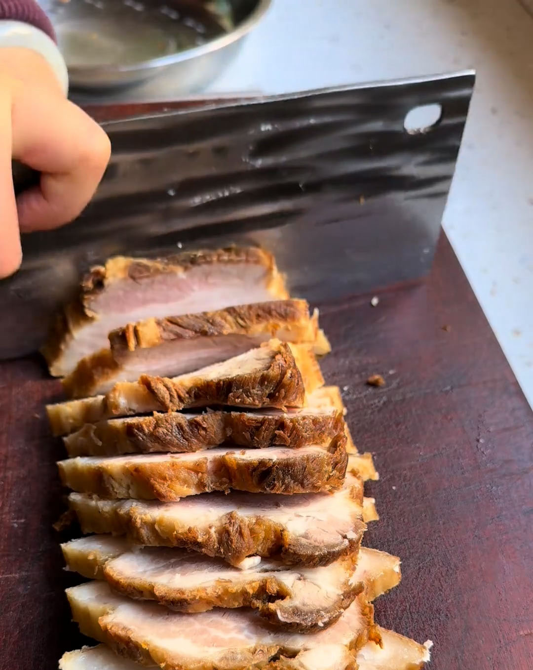 Cut the pre fried pork belly