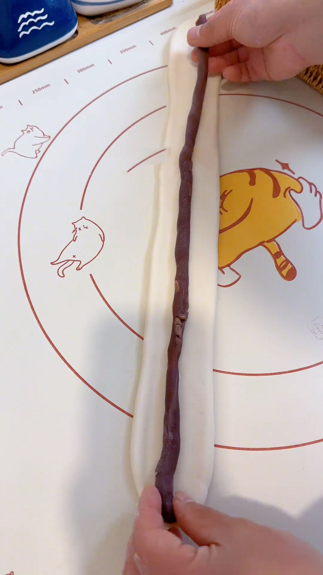 Place the red bean strip on the flattened dough Place the red bean strip on the flattened dough